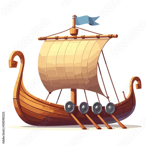 Vector Viking longship with sail and oars in traditional wooden design. Perfect for historical transportation, Scandinavian culture and maritime heritage illustrations.
