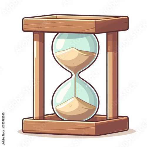 Vector wooden hourglass with sand flow in transparent glass container. Perfect for time management concepts, deadline visualization and antique chronometer collections.
