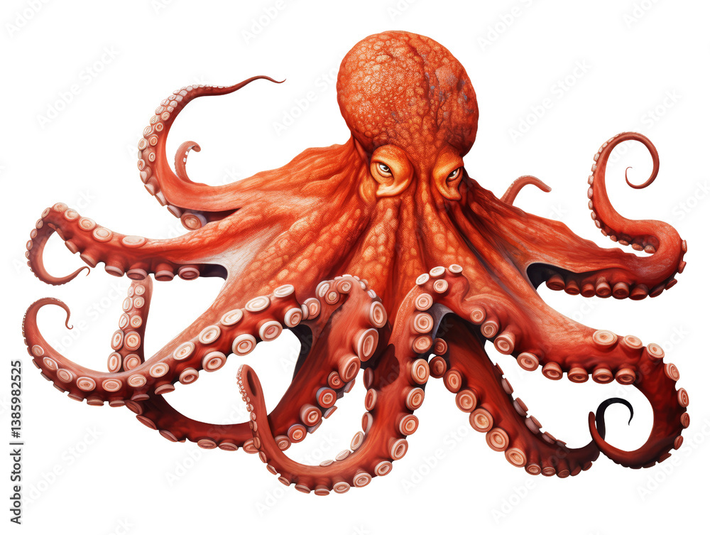 Obraz premium Colorful octopus in a vibrant underwater setting. Highly detailed illustration of a vibrant red octopus with dynamic curled tentacles, shown on a white background for clarity.