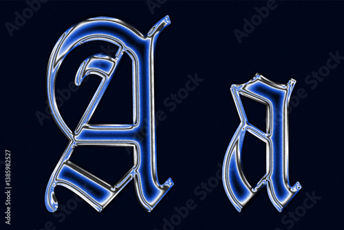 blue Gothic blackletter font chrome techno Glossy holographic 3D letter a Metallic shiny text design
