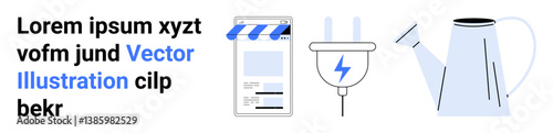 Electric plug with lightning bolt icon, online storefront on a device, and watering can. Ideal for technology, sustainability, e-commerce, gardening, renewable energy, lifestyle simple landing page