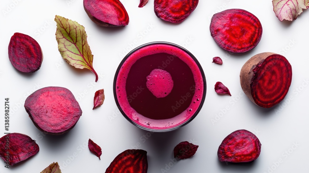 Fototapeta premium A fresh and healthy beetroot juice with beetroot slices placed beside it, on a white background