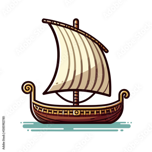 Vector Viking longship with white sail and wooden hull in simplified style. Perfect for Scandinavian history, maritime traditions and ancient navigation method illustrations.