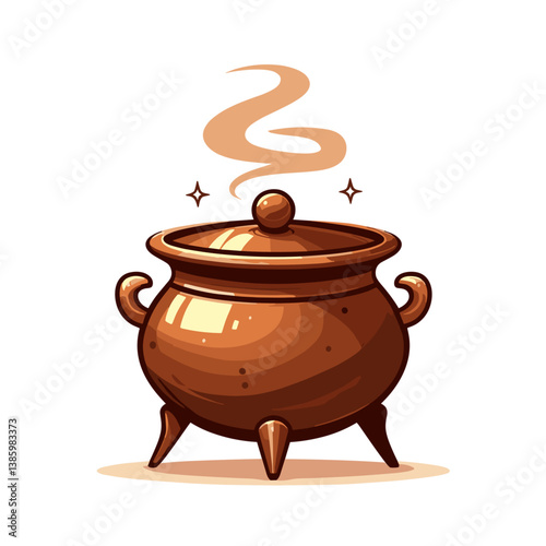 Vector illustration of steaming cooking pot with lid in rustic style. Perfect for culinary themes or traditional recipe visuals.