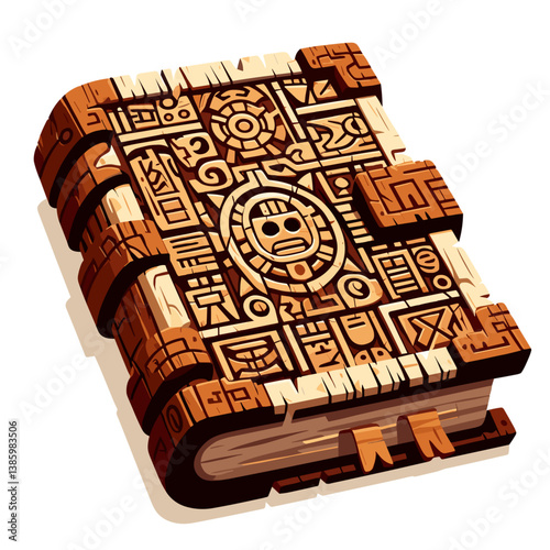 Vector illustration of ancient wooden book with carved magical symbols. Perfect for fantasy literature or mystical knowledge themes.