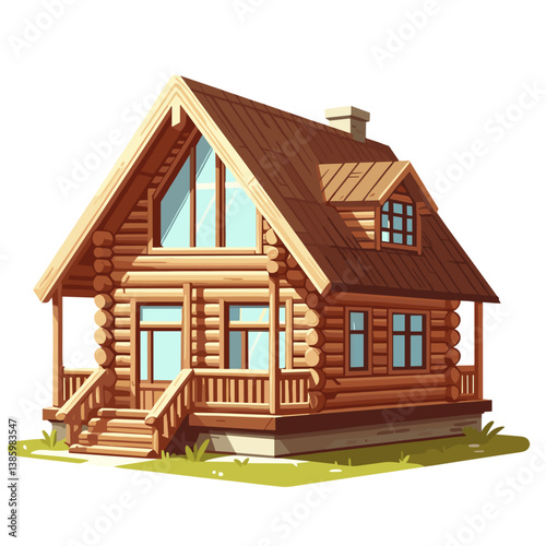 Vector illustration of wooden log cabin house with porch. Perfect for vacation rental listings or countryside property visuals.