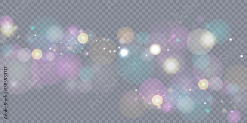Sparkling glare light effects with colorful shimmer. Beautiful lens flare effect with bokeh, glittery particles and rays. Shining abstract background. Vector illustration
