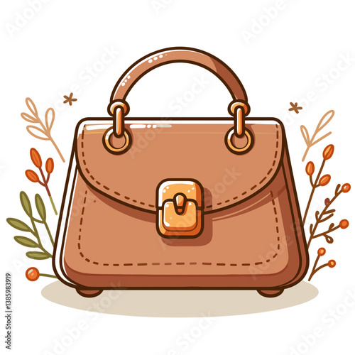 Vector illustration of beige leather handbag with floral decorative elements. Perfect for fashion accessories or boutique brand promotion.