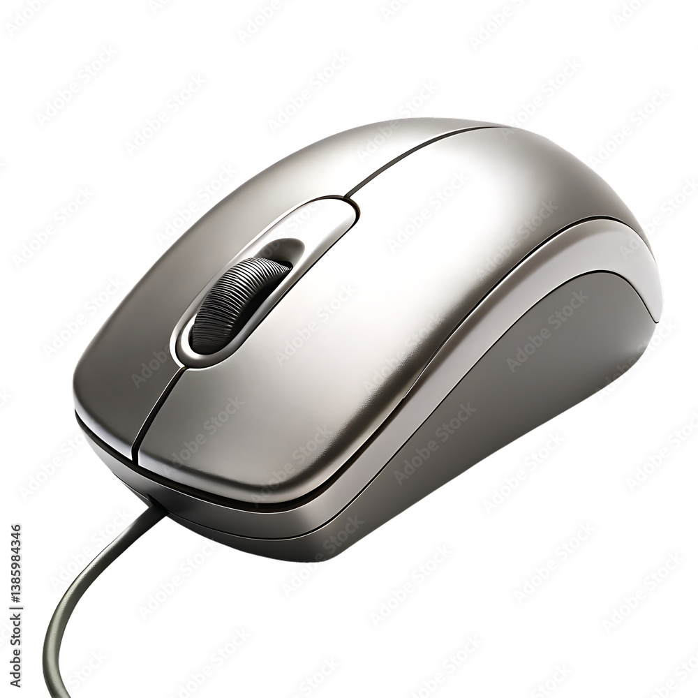 Sleek wired computer mouse isolated on white background, tech accessory for modern devices. Sleek wired computer mouse isolated on white background, tech accessory for modern devices.
