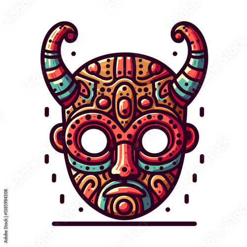 Tribal mask with horns and intricate pattern in red and orange tones. Perfect for cultural artifacts, ethnic art collections, and traditional ceremonial illustrations.