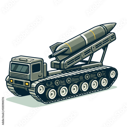 Military missile launcher vehicle with tracked base in olive green tones. Perfect for military equipment catalogs, defense technology illustrations, and army vehicle collections.