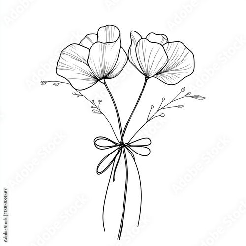 two flower heads tied together with a bow, stem, branch, leaves, outline only, black and white, minimalist, line art style, simple and elegant composition