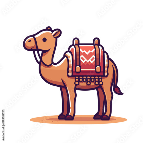 Cartoon camel with decorative saddle in desert colors on light background. Perfect for travel agencies, Middle Eastern cultural content, and desert expedition illustrations.