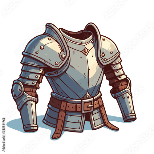 Metal knight armor breastplate with leather straps and belt in silver tones. Ideal for medieval battle gear, historical warfare collections, and fantasy costume illustrations.