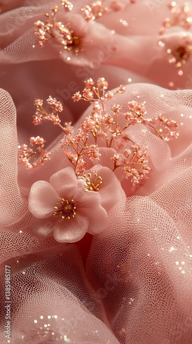 Soft pink tulle fabric elegantly arranged with golden antique accessories