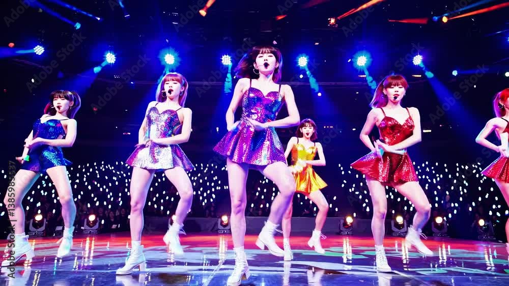 K pop girl group performing in colorful, sparkly outfits captivates a stadium filled with enthusiastic fans waving glowing lightsticks and enjoying synchronized dance moves
