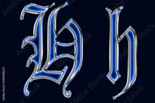 blue Gothic blackletter font chrome techno Glossy holographic 3D letter h Metallic shiny text design