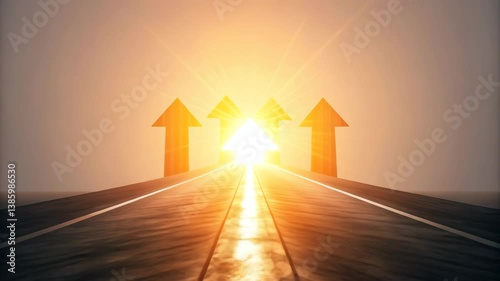Pathway leading towards bright horizon with arrows pointing upward.

