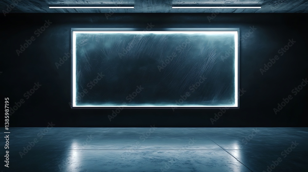 Obraz premium A rectangular neon frame illuminates a dark concrete room in shadows