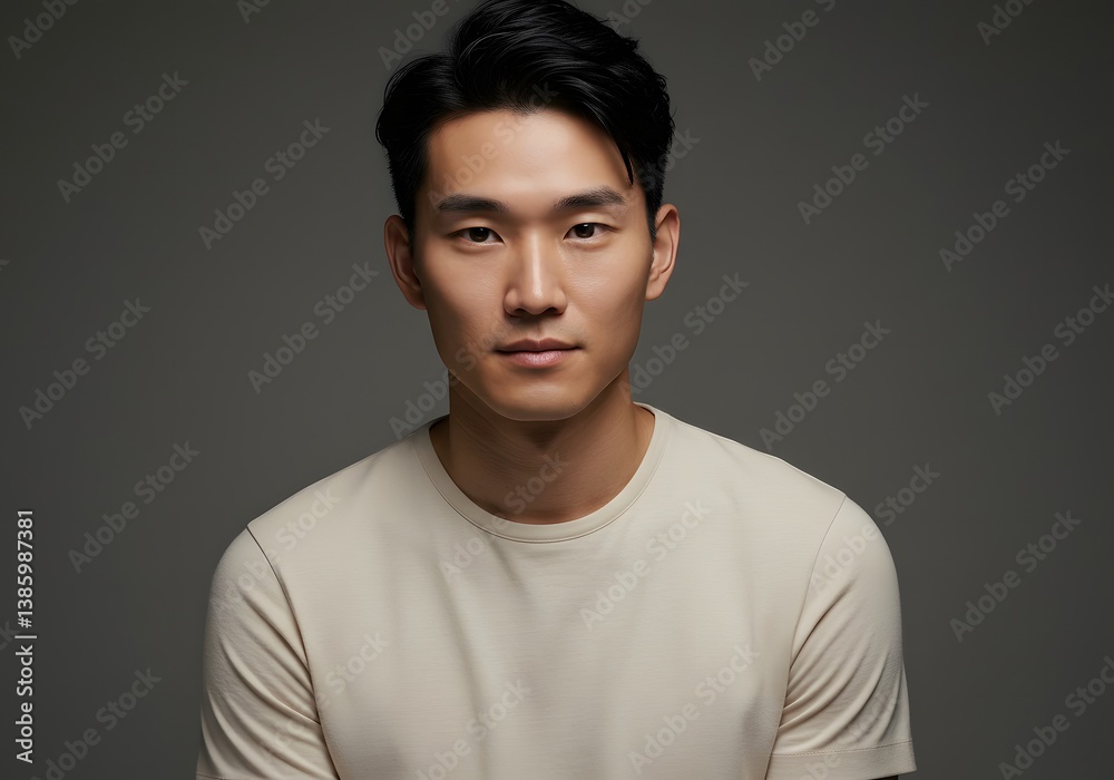 Fototapeta premium Confident Asian Man Portrait Calm Expression, Neutral Background, Short Black Hair, Beige T-Shirt.