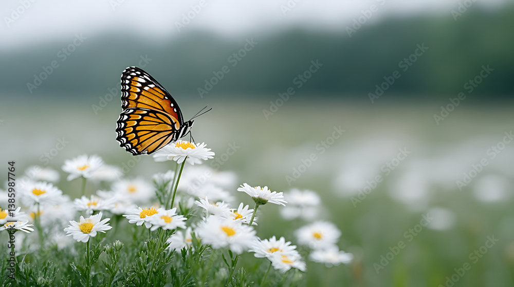 A butterfly perched delicately on several daisies, with its wings gently spread. The soft, natural scene captures the beauty of nature and the harmony between the butterfly and the flowers.
