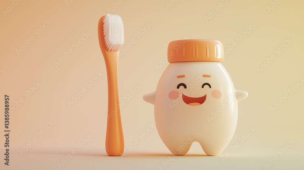 Adorable 3D cartoon smiling tooth with a screw cap standing next to a wooden toothbrush. A friendly oral care scene.