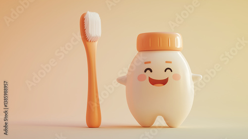 Obraz na płótnie Adorable 3D cartoon smiling tooth with a screw cap standing next to a wooden toothbrush. A friendly oral care scene. w salonie