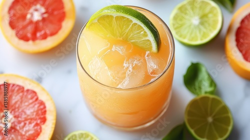 A glass of fresh grapefruit and lime juice with slices of grapefruit and lime beside it, on a white background