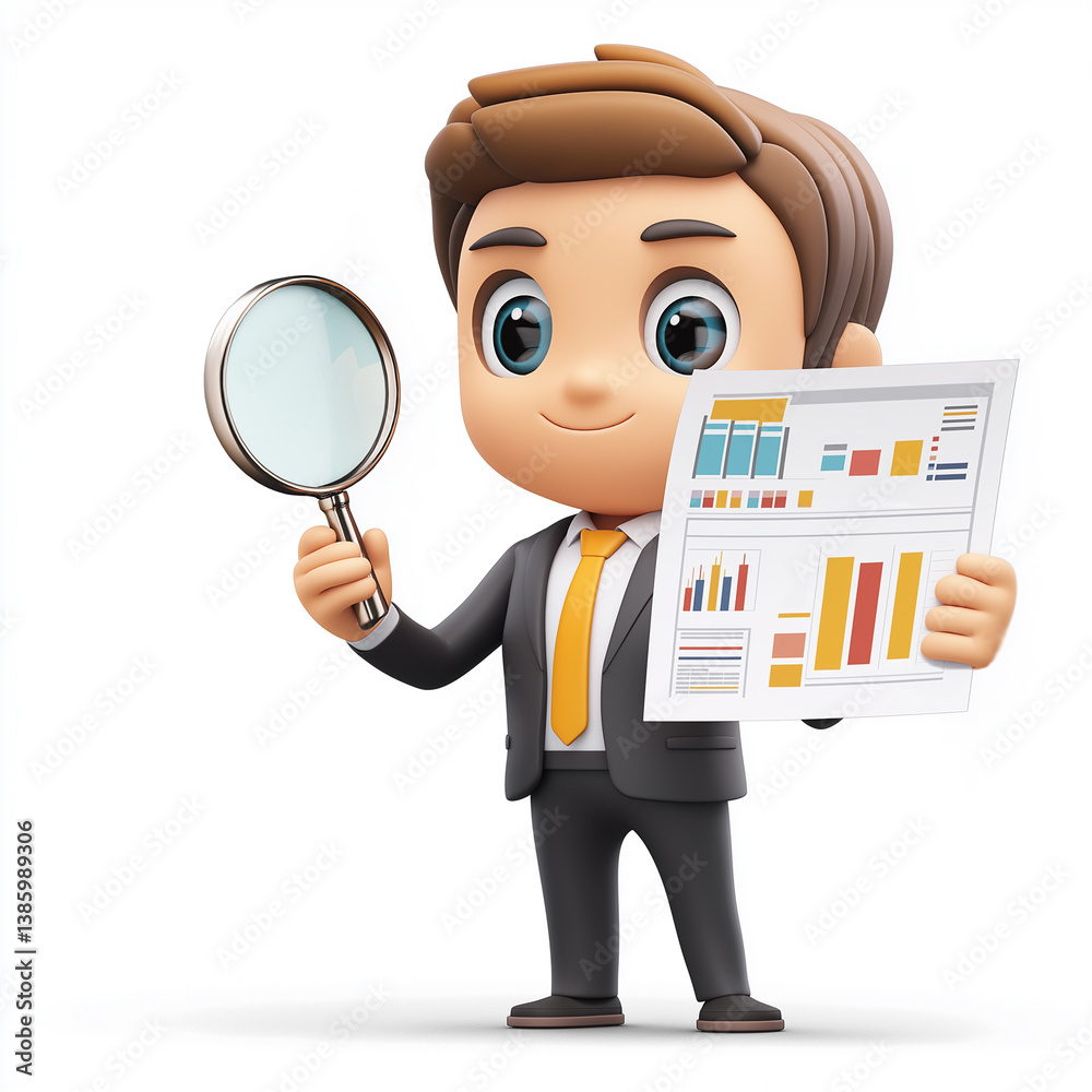 3D cartoon businessman analyzing colorful graphs with a magnifying glass and chart sheet, representing data analysis and business growth.