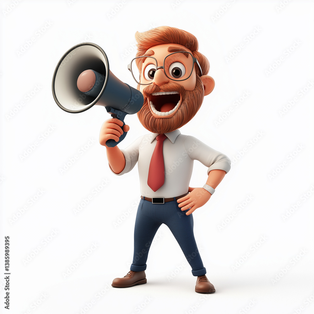 3D cartoon entrepreneur enthusiastically shouting into a megaphone with excitement and energy, ready to promote a message or brand.