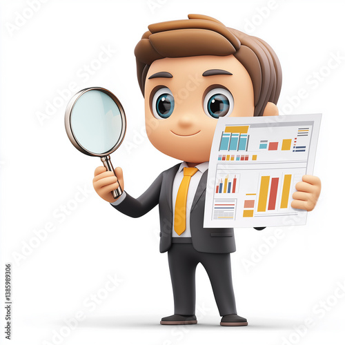 Obraz na płótnie 3D cartoon businessman analyzing colorful graphs with a magnifying glass and chart sheet, representing data analysis and business growth. w salonie