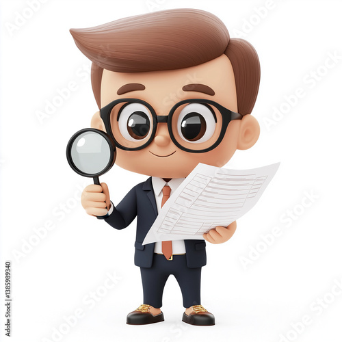 Obraz na płótnie Smart 3D business character with glasses reviewing charts using a magnifying glass, symbolizing detailed analysis and strategy planning. w salonie