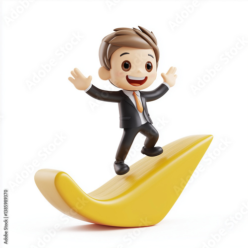 3D cartoon businessman joyfully surfing on a yellow upward arrow, symbolizing business growth, progress, and success.
