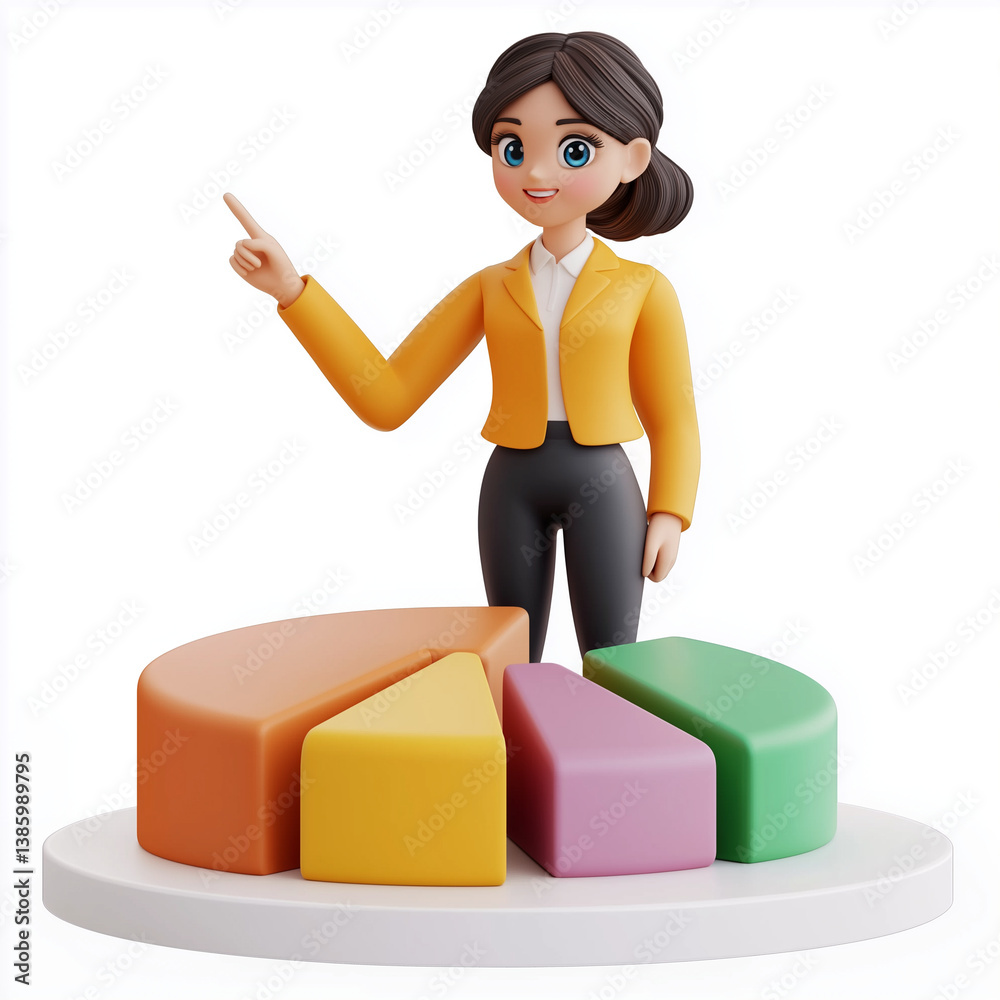 3D cartoon businesswoman standing next to a segmented pie chart, pointing toward a section to represent insight, leadership, and strategy.