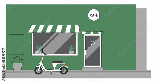 A charming caf? storefront with a vintage scooter parked outside. Clean, modern design with green walls and white awning. Perfect for lifestyle or business imagery.