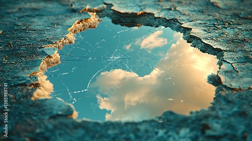 Soft white clouds reflecting in a still yet fractured mirror