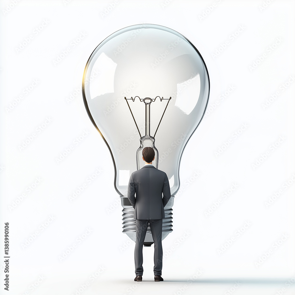 3D render of a businessman inside a glowing lightbulb from behind, symbolizing inspiration, innovation, and quiet confidence in business ideas.