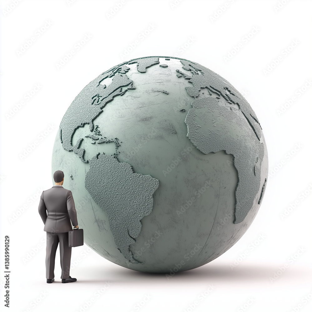 3D render of a businessman standing next to a large vintage globe, symbolizing global strategy, international expansion, and entrepreneurial vision.