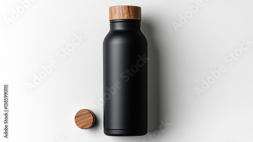 A high-end insulated water bottle with a wooden cap, placed on a white background