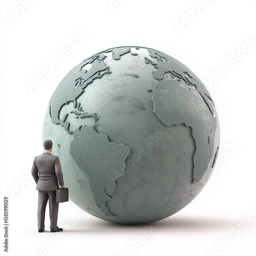 Obraz na płótnie 3D render of a businessman standing next to a large vintage globe, symbolizing global strategy, international expansion, and entrepreneurial vision. w salonie