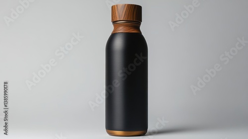 A high-end insulated water bottle with a wooden cap, placed on a white background
