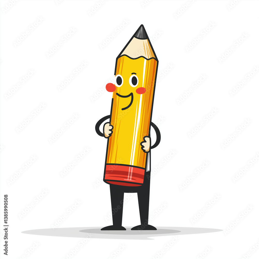 Cartoon business character with a red nose cheerfully holding a large yellow pencil, symbolizing creativity, planning, and business ideas in a fun style.