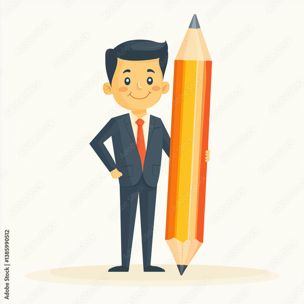 Cartoon business character in a suit standing confidently with a giant orange pencil, symbolizing planning, leadership, and creative problem solving.