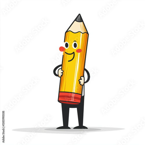 Cartoon business character with a red nose cheerfully holding a large yellow pencil, symbolizing creativity, planning, and business ideas in a fun style.