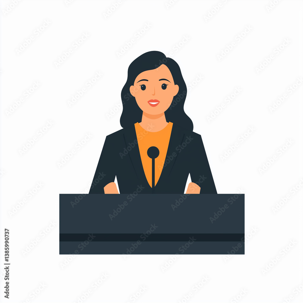 Flat design of a businesswoman speaking confidently at a podium, representing authority, leadership, and effective communication skills.