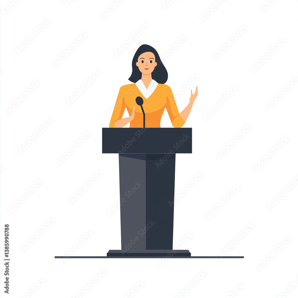 Flat design of a confident woman in yellow speaking at a podium, symbolizing empowerment, business leadership, and influential communication.