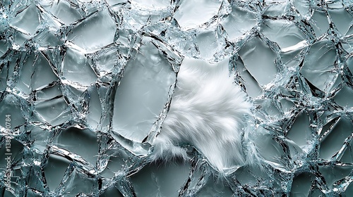 Soft white fur pressed against sharp, jagged broken glass shards