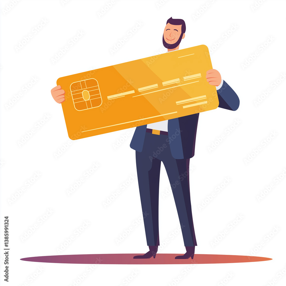 Flat minimal clipart of a smiling businessman holding an oversized golden credit card, representing success, e-commerce, and digital finance.