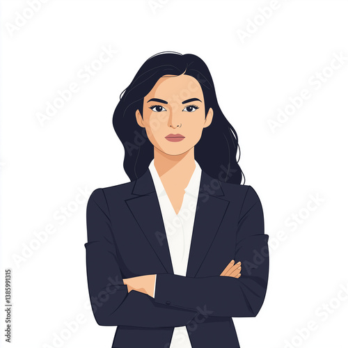 Flat minimal portrait of a determined female CEO in a suit, arms crossed, symbolizing business confidence, decision-making, and leadership power.