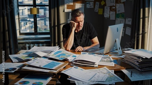Focused contractor reviewing blueprints and financial reports at a cluttered desk in his brightly lit home office, demonstrating the demands of project management and planning